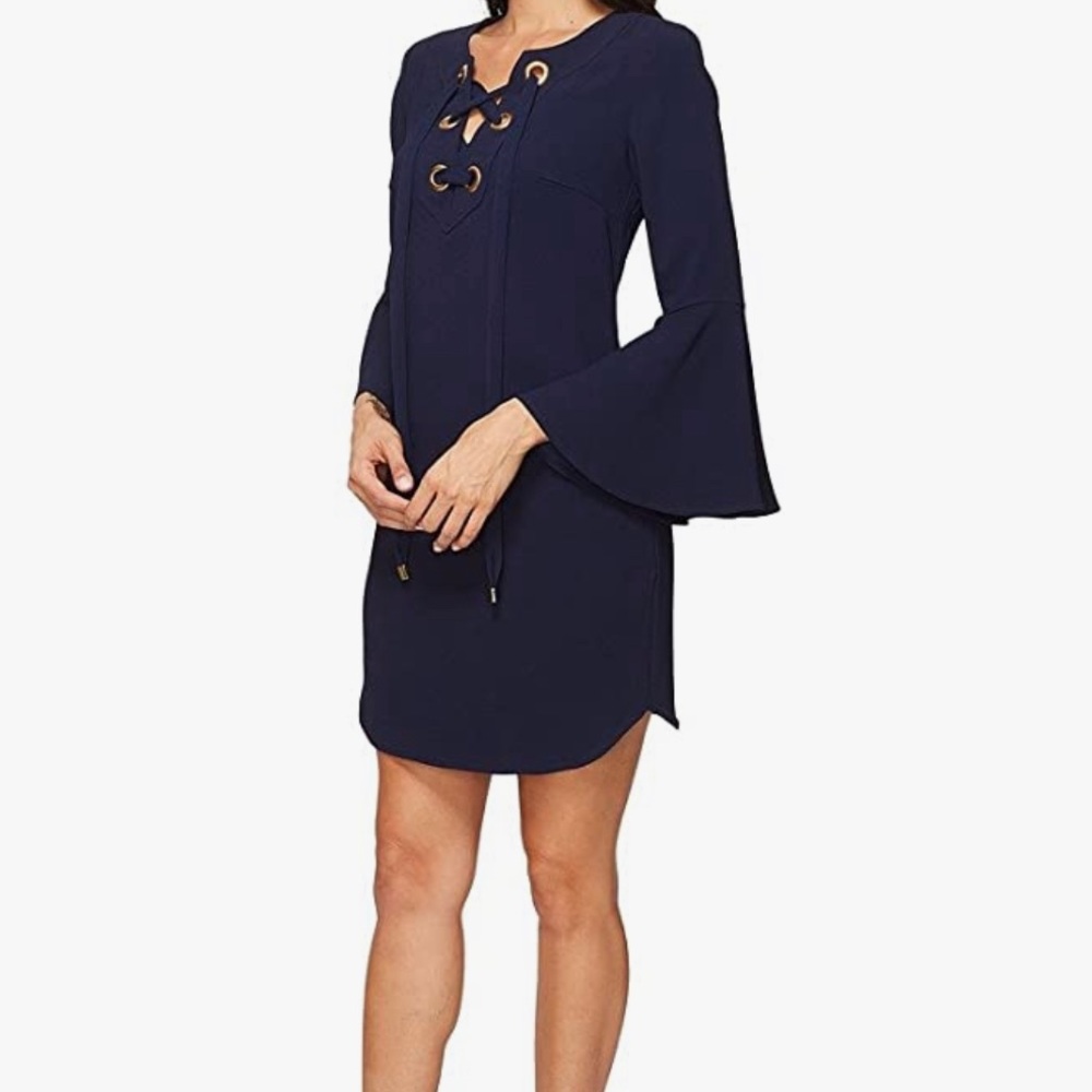 Trina Turk Xandra dress, navy, size 8, bell sleeve with brass detailing - GUC